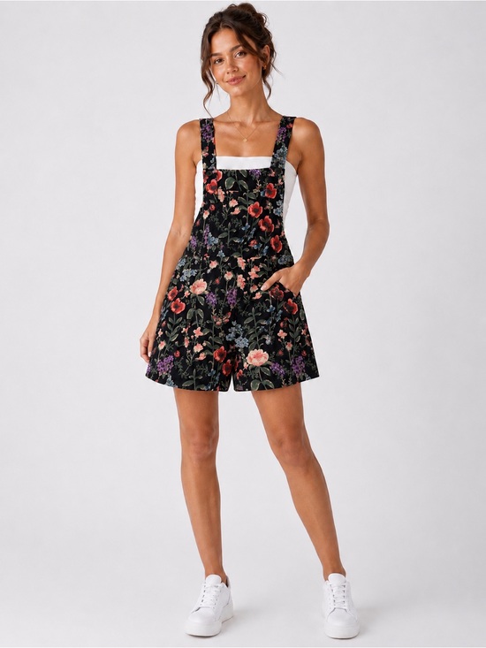 Cider Pants - Cider Floral Overall Romper Short Black Cottagecore Shortalls 0XL